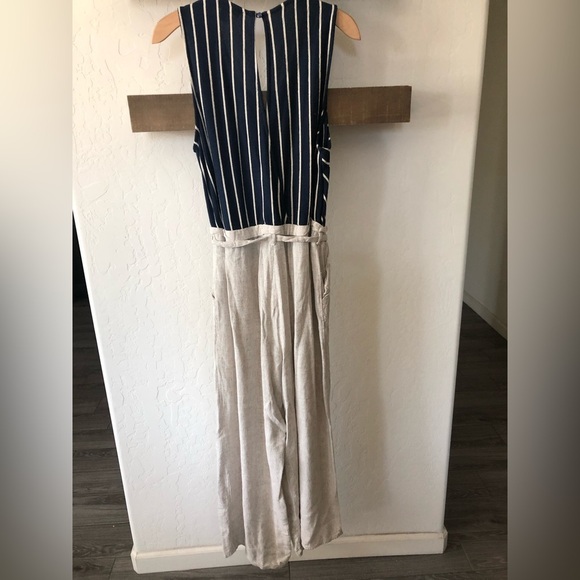 Monteau|Linen blend belted wide leg jumpsuit in Ivory & Stripes•Nautical Beachy - Picture 9 of 16